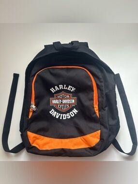 Harley-Davidson Black and Orange Logo Backpack with Front Zip Pocket